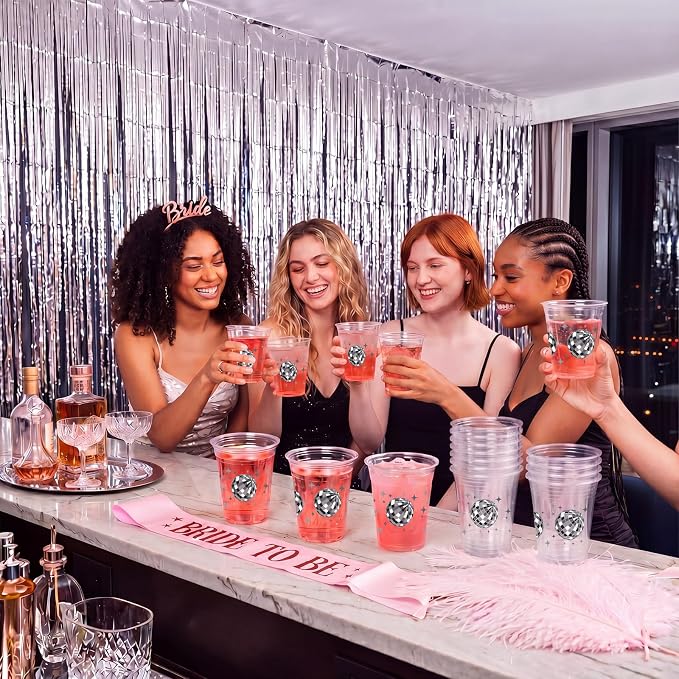 Uiifan 50 Pcs Disco Plastic Cups Disco Ball Party Decorations 12 oz Disposable Clear Decades Bachelorette Cups for Cowgirl Y2k Birthday Wedding 70s 80s 90s Party Supplies Bridal Shower Favors