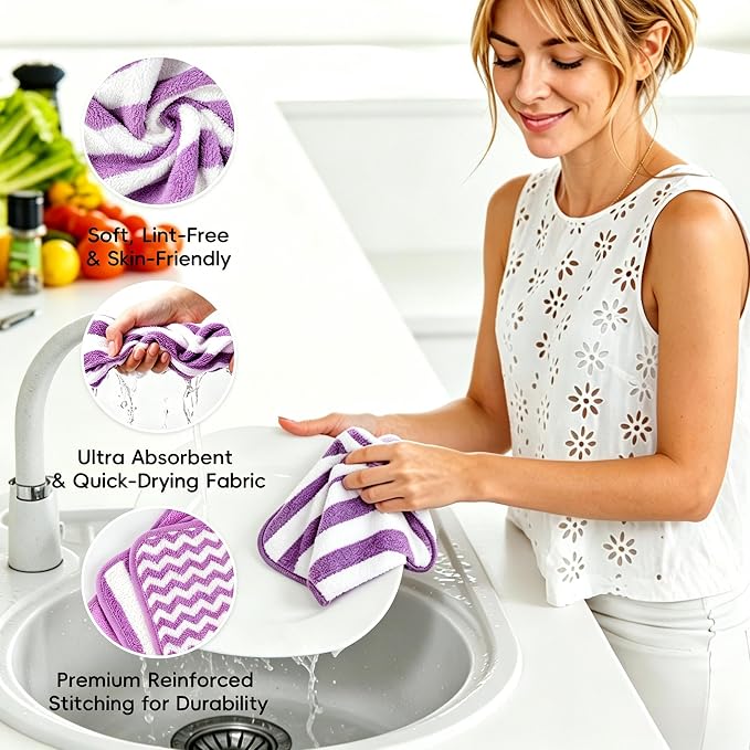 Microfiber Cleaning Cloth 6 Pack, Ultra Soft Absorbent Lint Free Reusable Kitchen Towels with Hanging Loop, 12x12 Inch Purple Dish Towels for Kitchen, Car & Household