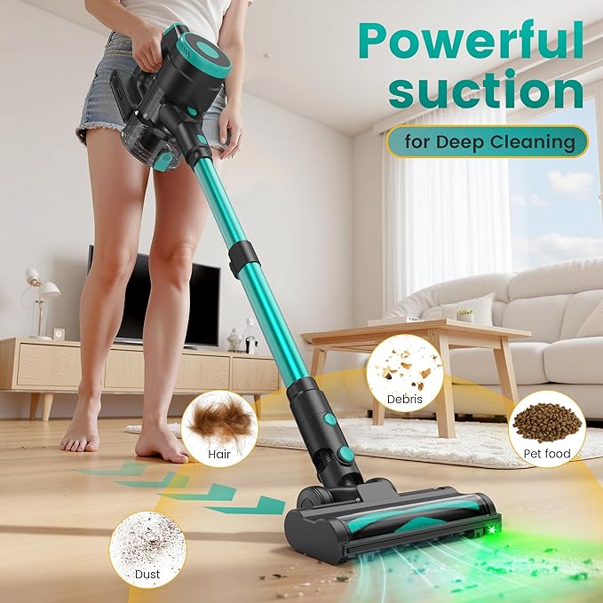 Zefiro 350W Cordless Vacuum Cleaner,45Mins Runtime Vacuum Cleaners for Home, Anti-Tangle and 1.5L Dust Cup, Lightweight Vacuum for Hardwood Floor Carpet Pet Hair (Green)