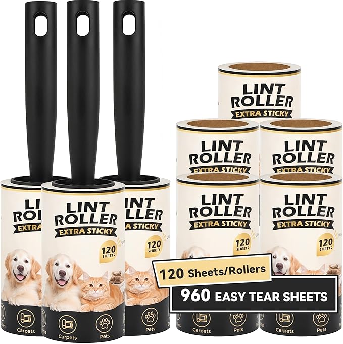 Extra Sticky Lint Rollers for Pet Hair Removal, 3.9 Inch Rolls Size 8 Rollers 960 Sheets (120 Sheets/Roll), Pet Hair Lint Roller for Clothes Furniture Carpets Dog Cat Fur