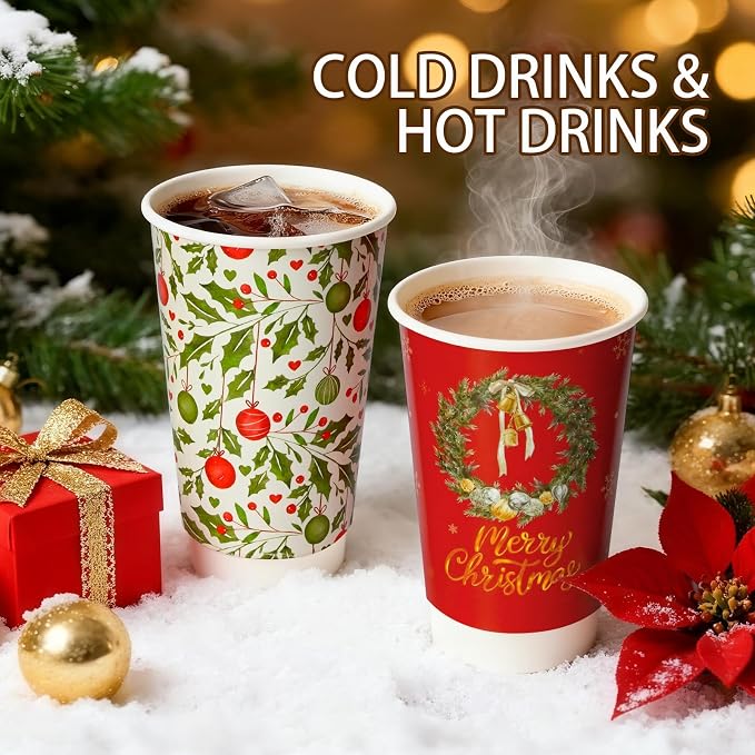 Nihuecne 50 Pack 16 oz Christmas Disposable Coffee Cups with Snap-on Lids - for Hot or Cold Drinks, Paper Coffee Cups for Xmas Holiday Table Decorations Party Supplies, 5 Assorted Christmas Styles