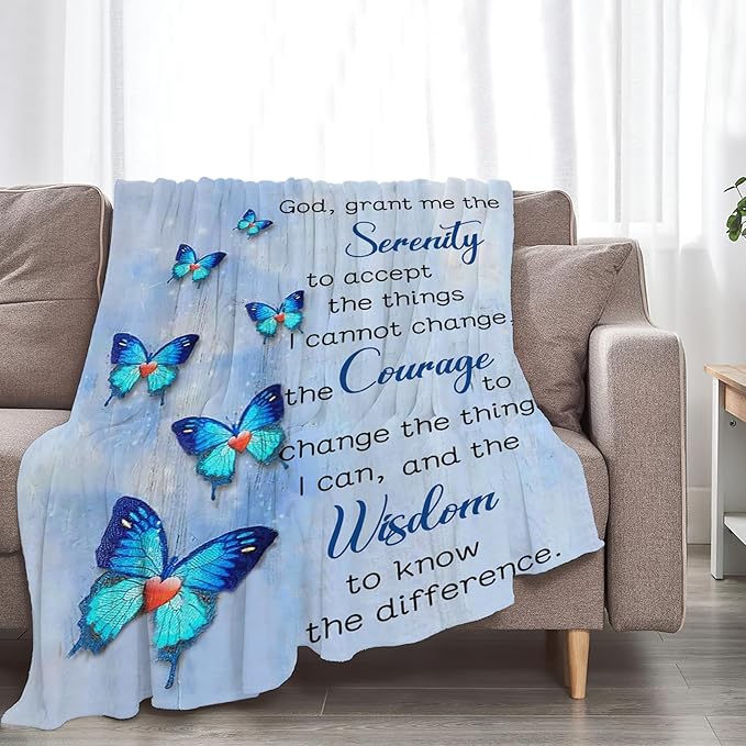 Tijuboni Christian Serenity Prayer Throw Blanket Blue Butterfly Gifts for Women Men Girls Boys Kids Adults Soft Flannel Fleece Blanket for Couch Sofa Bed Home Decor 60"x80"