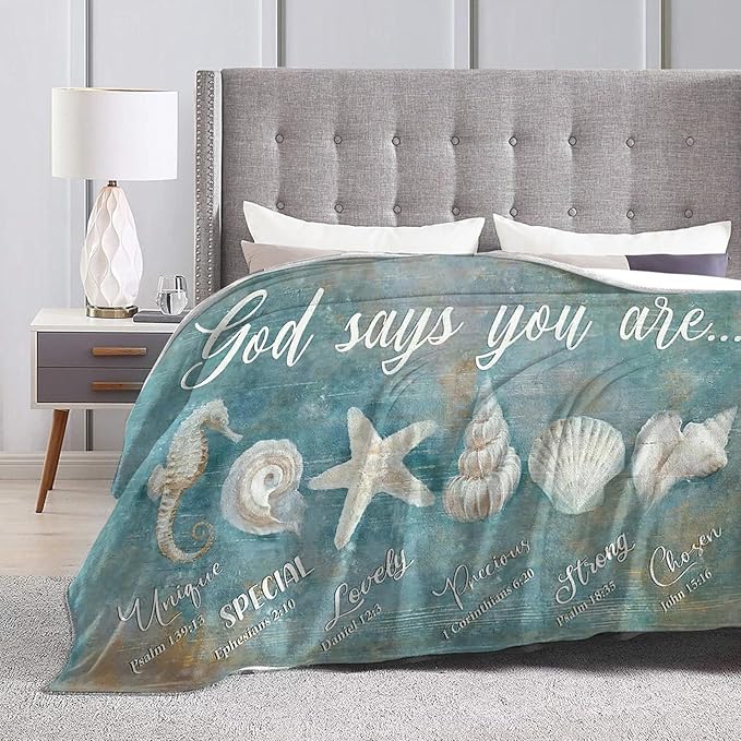 Tijuboni Ocean Seashells Throw Blanket - God Says You are - Beach Nautical Gifts for Women Men Girls Boys Kids Adults Soft Flannel Fleece Blanket for Couch Sofa Bed Home Decor 50"x60"