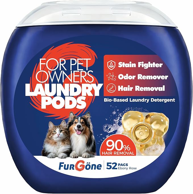FurGone Laundry Detergent Pods for Pet Owners, 52 Count, Pet Hair Remover & Odor Eliminator, Rose & Oud Scent, Bio-Based Formula, Tough Stain Removal, Fast Dissolving, HE Compatible