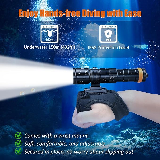 ORCATORCH DC710 Scuba Dive Light, 3000 Lumens Super Bright Underwater Flashlight, IP68 Waterproof Submersible Torch with WS02 Wrist Strap Mount for Hands-Free Diving