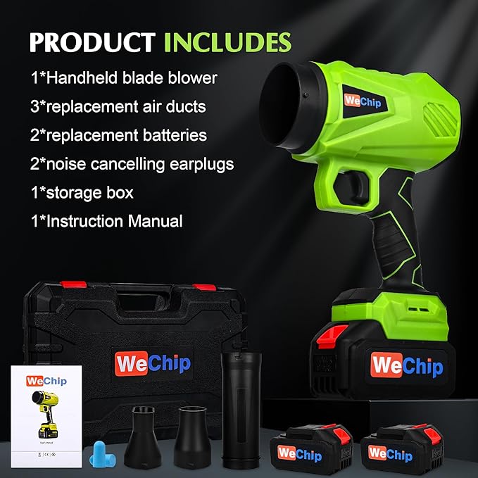 Wechip Leaf Blower Cordless - 3 Air Tubes for Adjustment,Upgrade 900G Air Pressure/145mph Wind Speed /2 Replacement Batteries,Handheld Blower Patio Cleaning Yard & Car Dust with Storage Box(Virid)