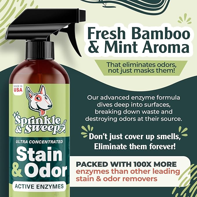 Sprinkle & Sweep: Pet Stain & Odor Enzyme Spray - 24oz, 2 Pack - No Scrubbing Concentrated Formula, Dog & Cat Urine Destroyer, Carpet Spot Cleaning
