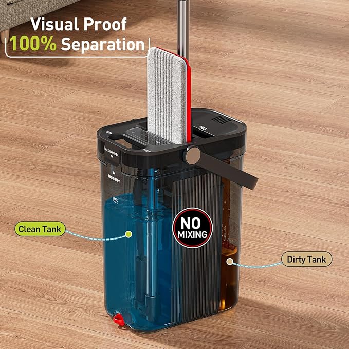 HoMettler 3-Tank Transparent Mop and Bucket Set with Separate Dirty & Clean Water, 65" Flat Mop for Floor Cleaning, 4 Machine Washable Microfiber Pads for Wood Tile - Black