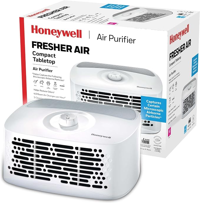 Honeywell Air Purifier for Home, 465 Ft² in 1 hour, Dual Action Filter, Reduces Dust, Pollen, Pet Dander, Odors, Smoke, Compact Allergen Reducer, Small Air Purifier, White HHT270