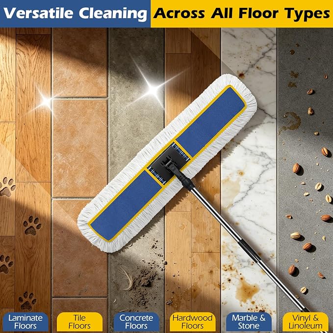 MASTERTOP 40" Commercial Dust Mop for Floor Cleaning, Heavy Duty Flat Mop | Industrial 64" Long Handle Push Broom with 2 Cotton Pads for Hardwood, Tile, Laminate, Concrete, Warehouse & Gym Cleaning