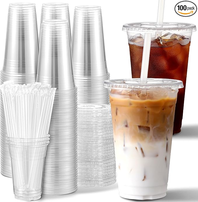 AOZITA [100 Sets] 16 oz Clear Plastic Cups With Lids and Straws, Disposable Cups With Lids for Iced Coffee, Smoothie, Milkshake and Cold Drinks (New-16-100)