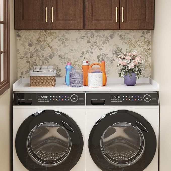 Lifewit Washer Dryer Countertop, Melamine Covers with Edge Rails for The Top, Laundry Room Storage and Organization, Spice Type, Hold 200lbs, White, 54" x 27.5"