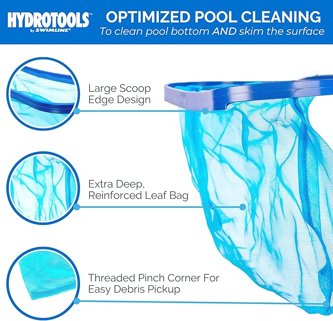 HYDROTOOLS By SWIMLINE 8015 Leaf Net For Inground Above Ground Pool Pond | Extra Large Skimmer Net Cleaning Tool Ultra Fine Deep Mesh Bag | Durable Introductory Plastic Frame | For Debris Bugs Pickup