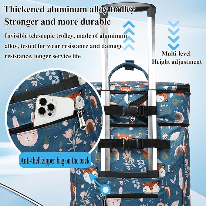 2 in 1 Shopping Cart with Wheels, Grocery, Portable Utility Dolly, Luggage Cart, Foldable Hand Truck with Built-in Removable Waterproof Bag for Shopping, Camping, Travel (Animal World)
