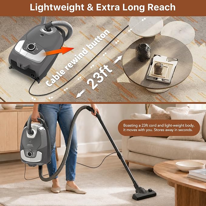 Akitas C11 Bagged Canister Vacuum Cleaner, Light Weight HEPA Filtration, 33ft Cleaning Radius with Retractable Cord, Ideal for Hard Floors & Low-Pile Carpet Extra Floor Brush