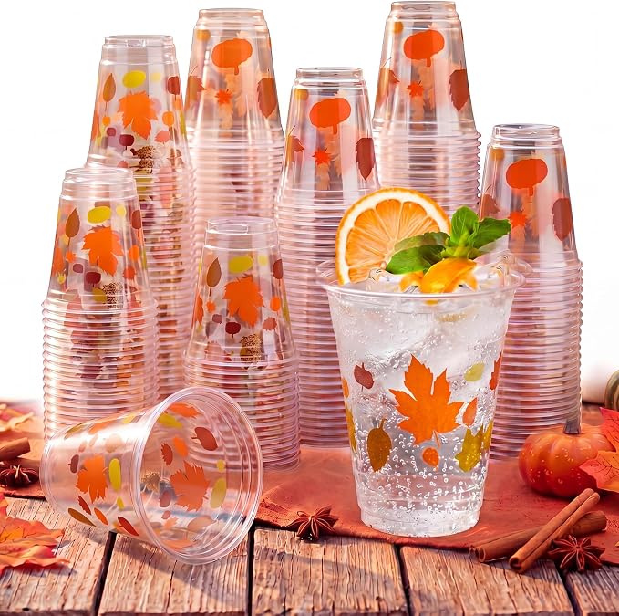 Uiifan 45 Pcs Fall Pumpkin Cups Bulk 16oz Fall Party Supplies Thanksgiving Disposable Plastic Drinking Cups Pumpkin Maple Leaf Decoration for Autumn Harvest Wedding Party Supplies