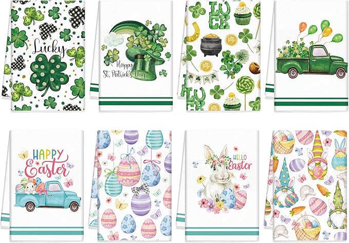 Hahafelt 12 Pcs St. Patrick's Day Kitchen Towels, Easter Hand Towels Seasonal Holiday Valentine's Day Decorative Dish Decor with Truck Shamrocks Bunny Absorbent Soft for Kitchen Bathroom, 16 x 24 Inch