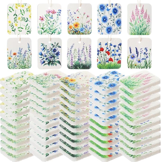 Maxdot 50 Counts Compressed Cellulose Sponges Bulk Flower Plant Style Natural Kitchen Compostable Non Scratch Dish Sponges for Washing Dishes, Cleaning Countertop Sink, Kids DIY