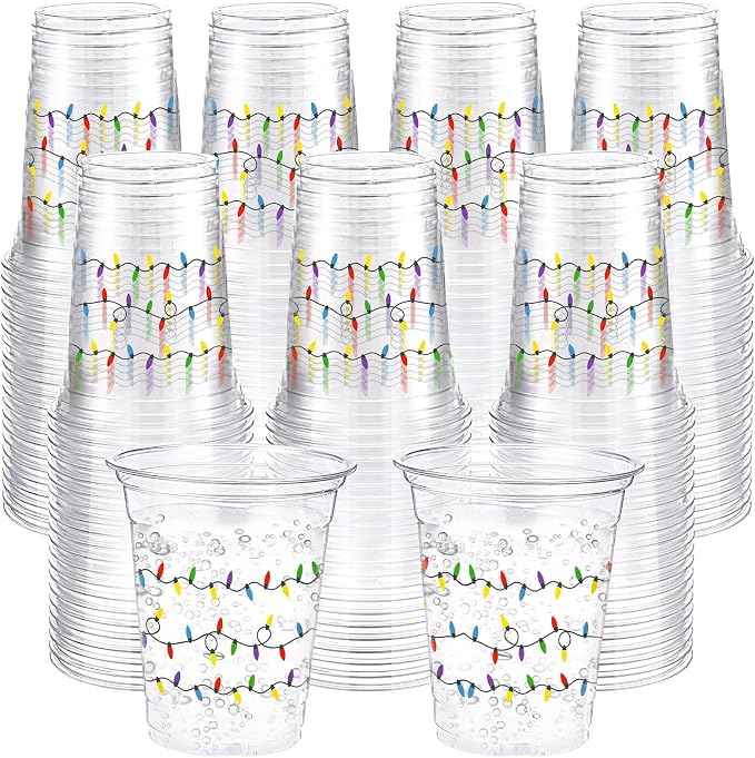 Jingmore 100 Pcs Strawberry Disposable Cups 16 oz Clear Plastic Drinking Cups Bulk for Spring Summer Holiday Birthday Wedding Juice Hot Cold Drinks Party Supplies(Christmas Lights)