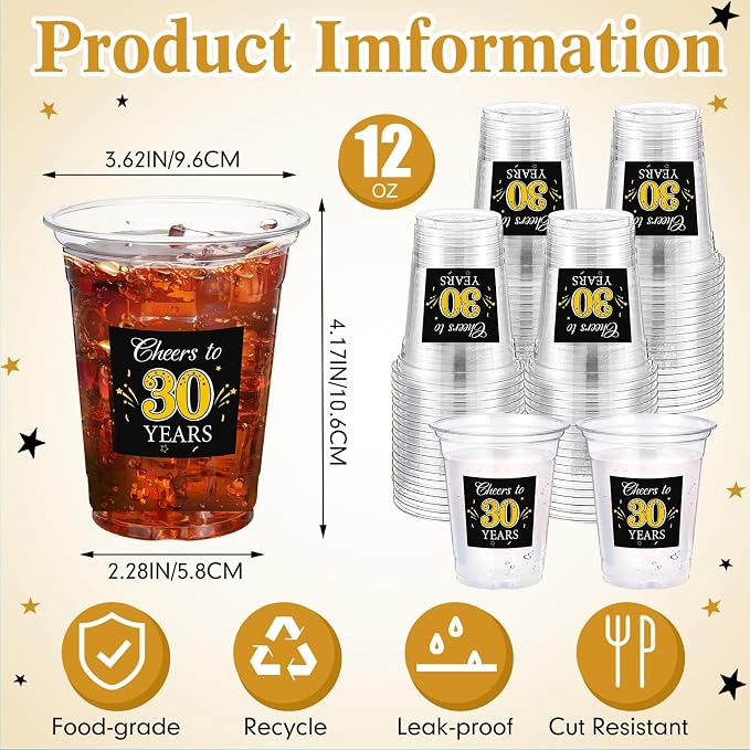 Funnymoom 100 Pack 30th Birthday Cup 12 oz Cheers to 30 Years Happy Birthday Disposable Clear Plastic Cups for Him Men Women Wedding Anniversary Decorations Party Favors