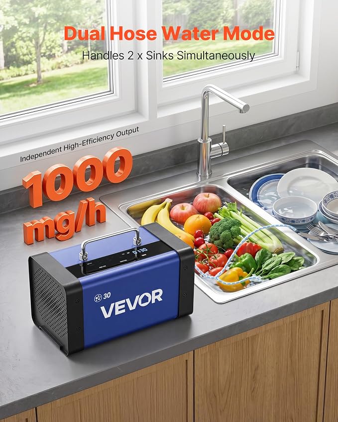 VEVOR Ozone Generator, 30000mg/h Commercial Ozone Machine, with 15s Delayed Start & Dual-Hose Water Mode & LCD Touchscreen, Industrial Deodorizer for Car, Smoke, Home Odors, Up to 2700 sq.ft