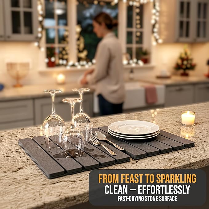 Large Foldable Stone Dish Drying Mat – Diatomaceous Earth, 12"x16" Each or 24"x16" Combined – Fast Dry, Anti-Slip Pad, Sanding Tool & Instruction Manual for Kitchen, Bathroom or RV (2-Pack)