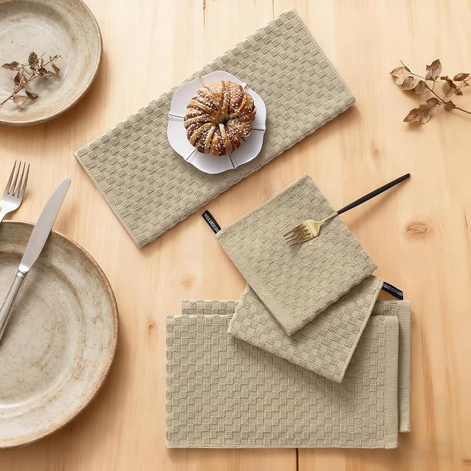 Homaxy 100% Cotton Kitchen Towels and Dishcloths Set, 12 x 12 & 15 x 25 Inches, Set of 10 Bulk Terry Cloth Dish Towels, Super Soft and Absorbent Hand Towel with Hanging Loop, Tan