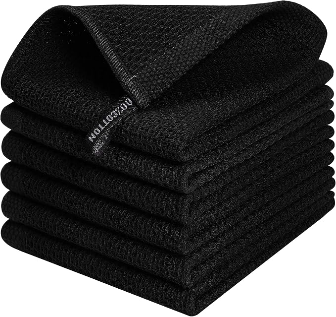 Kitinjoy 100% Cotton Kitchen Dish Cloths (12 X 12 Inches, Black), 6 Pack Waffle Weave Ultra Soft Absorbent Dish Towels for Drying Dishes Quick Drying Kitchen Towels Dish Rags