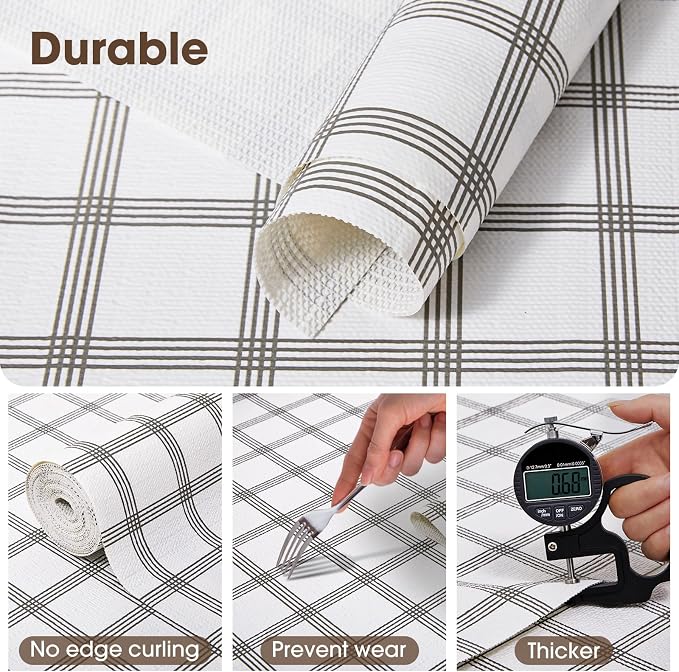 Drawer and Shelf Liner, Non-Slip Kitchen Cabinet Liners Non-Adhesive Thick Strong Grip Waterproof Washable Mats Protect Dresser Shelves Cupboard Bathroom Cabinets, White Stripes, 24IN X 10FT