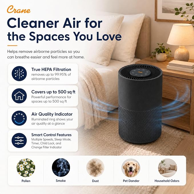 Crane True HEPA Tower Air Purifier for Home, Air Quality Indicator, 500 Sq Ft