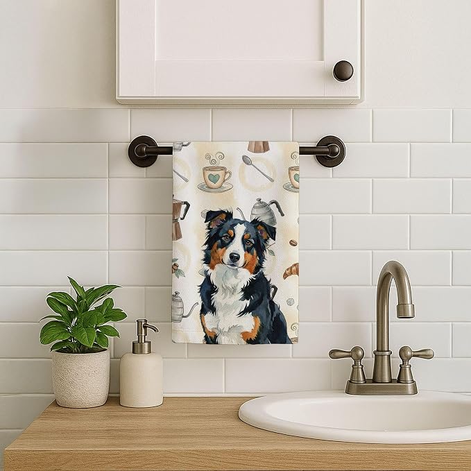 Caroline's Treasures Black Tri American Shepherd Coffee Bar Kitchen Towel Velour Plush Front and Cotton Loop Back Machine Washable