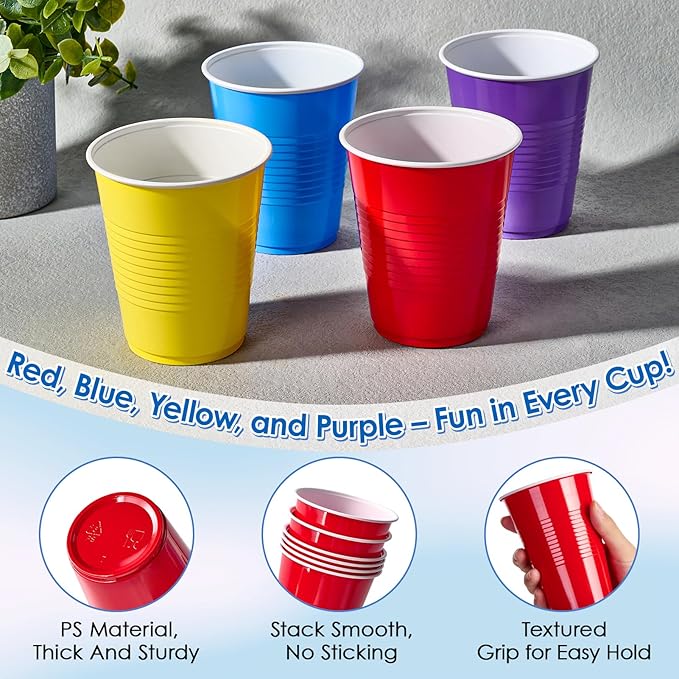 Lilymicky 200 Pack 12 oz Disposable Plastic Cups, Assorted Color Plastic Party Cups for Parties, Events, Game and BBQ