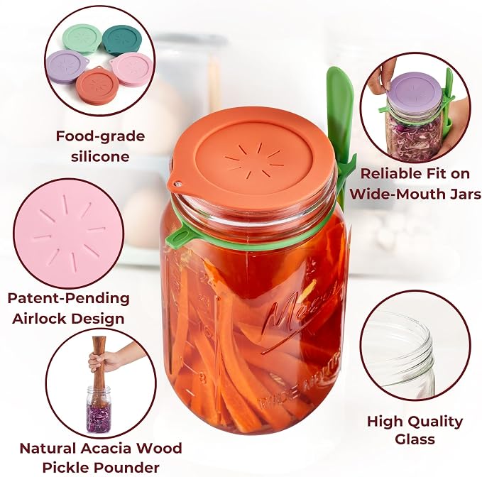 Advanced Fermentation Kit - Pickle Kit, Sauerkraut Making Kit Kimchi Container - Fermentation Airlock Lids for Wide Mouth Mason Jars by The Amish Chef