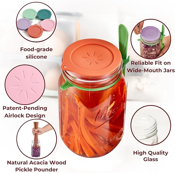 Master Fermentation Kit for Wide Mouth Mason Jar by The Amish Chef - Pickle Kit, Kimchi, Sauerkraut Making Kit - Fermentation Airlock Lids