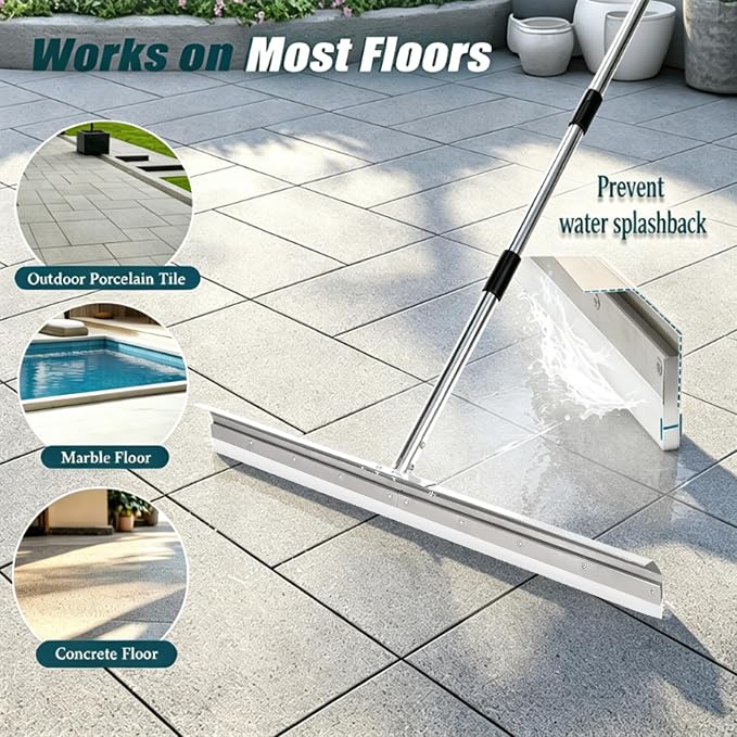 Heavy-Duty Large Floor Squeegee for Concrete, 33.4" Commercial Silicone Blade Squeegee for Floor with 63" Stainless Handle, Anti-Splash Curved Baffle for Garage, Factory, and Tough Cleaning Jobs