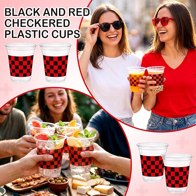Qinyoung Checkered Plastic Cups 12oz Gingham Party Disposable Cups Bulk Drinking Cup for Cold Drinks Baby Shower Wedding Summer Birthday Party Supplies(Red and Black,50 Pcs)
