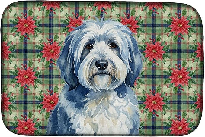 Caroline's Treasures Blue and White Old English Sheepdog Christmas PoinsettIas Dish Drying Mat Absorbent Dish Drying Mat Pad for Kitchen Counter Dish Drainer Mat for Countertop, 14 x 21", Multicolor