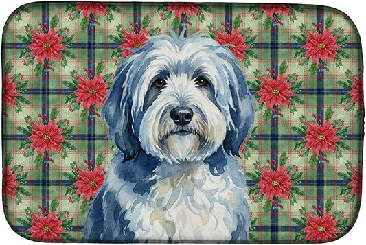 Caroline's Treasures Blue and White Old English Sheepdog Christmas PoinsettIas Dish Drying Mat Absorbent Dish Drying Mat Pad for Kitchen Counter Dish Drainer Mat for Countertop, 14 x 21", Multicolor