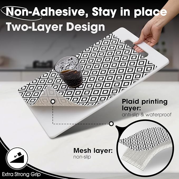 Drawer and Shelf Liner, Non-Slip Kitchen Cabinet Liners Non-Adhesive Thick Strong Grip Waterproof Washable Mats Protect Dresser Shelves Cupboard Bathroom Cabinets, Black & White, 12 in X 30 FT