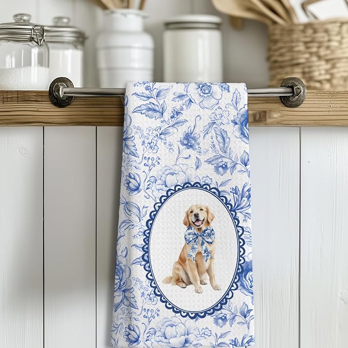 Chinoiserie Golden Retriever Gifts Kitchen Towels, Blue and White Floral Golden Retriever Decorative Dish Towels, Grandmillennial Botanical Dog Hand Towels for Kitchen Bathroom, 16x24 Inch