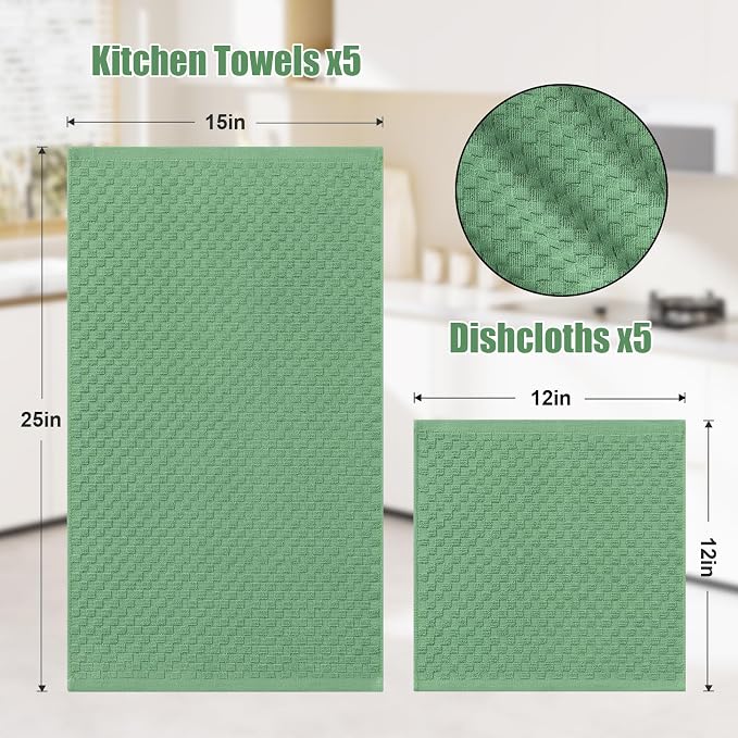 Homaxy 100% Cotton Kitchen Towels and Dishcloths Set, 12 x 12 & 15 x 25 Inches, Set of 10 Bulk Terry Cloth Dish Towels, Super Soft and Absorbent Hand Towel with Hanging Loop, Grass Green