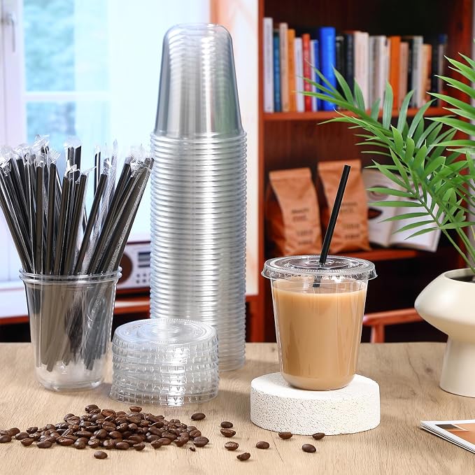 Ziliny 25 Set Clear Plastic Cups with Lids and Straws, Disposable Iced Coffee PET Cups for Drinking Cold Beverage Juice Parfait Smoothie Milkshake Coffee Shops Party Supplies (14 oz)