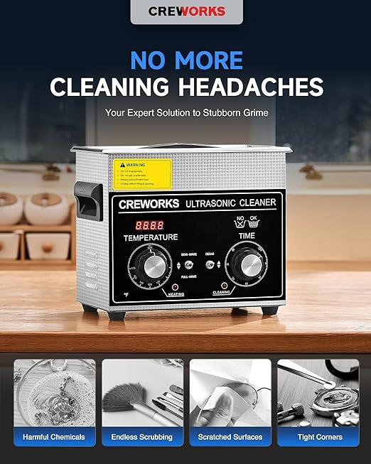 CREWORKS 3L Ultrasonic Cleaner with Degas & Gentle Modes, 120W Stainless Steel Ultrasonic Cleaner Machine with Heater and Timer, Ultrasonic Parts Cleaner with Knob Control for Jewelry Glasses Watch