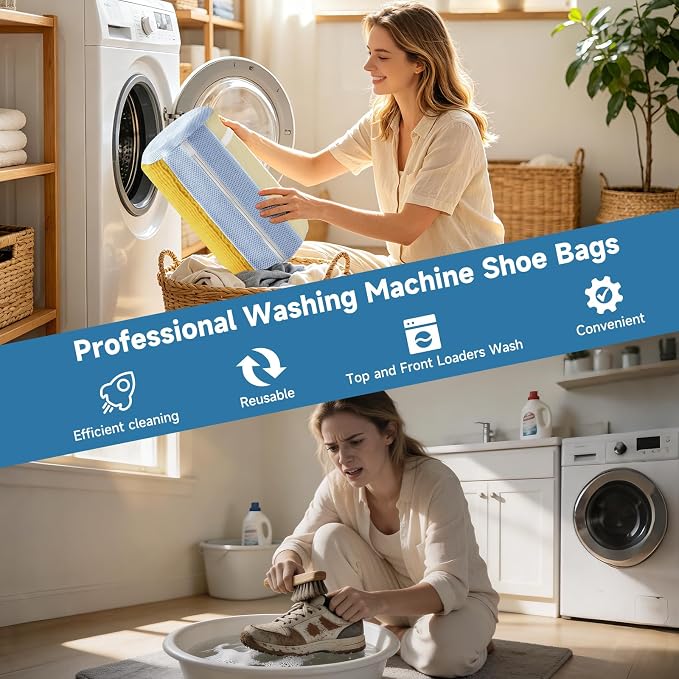Shoe Bag for Washing Machine and Dryer - 2PCS XXL Reusable Shoe Laundry Bag with Shoe Tree - Chenille Microfiber 360°Deep Cleaning Bag for Sneakers Tennis Delicate Shoes - Yellow 15.35 × 7.5 Inches