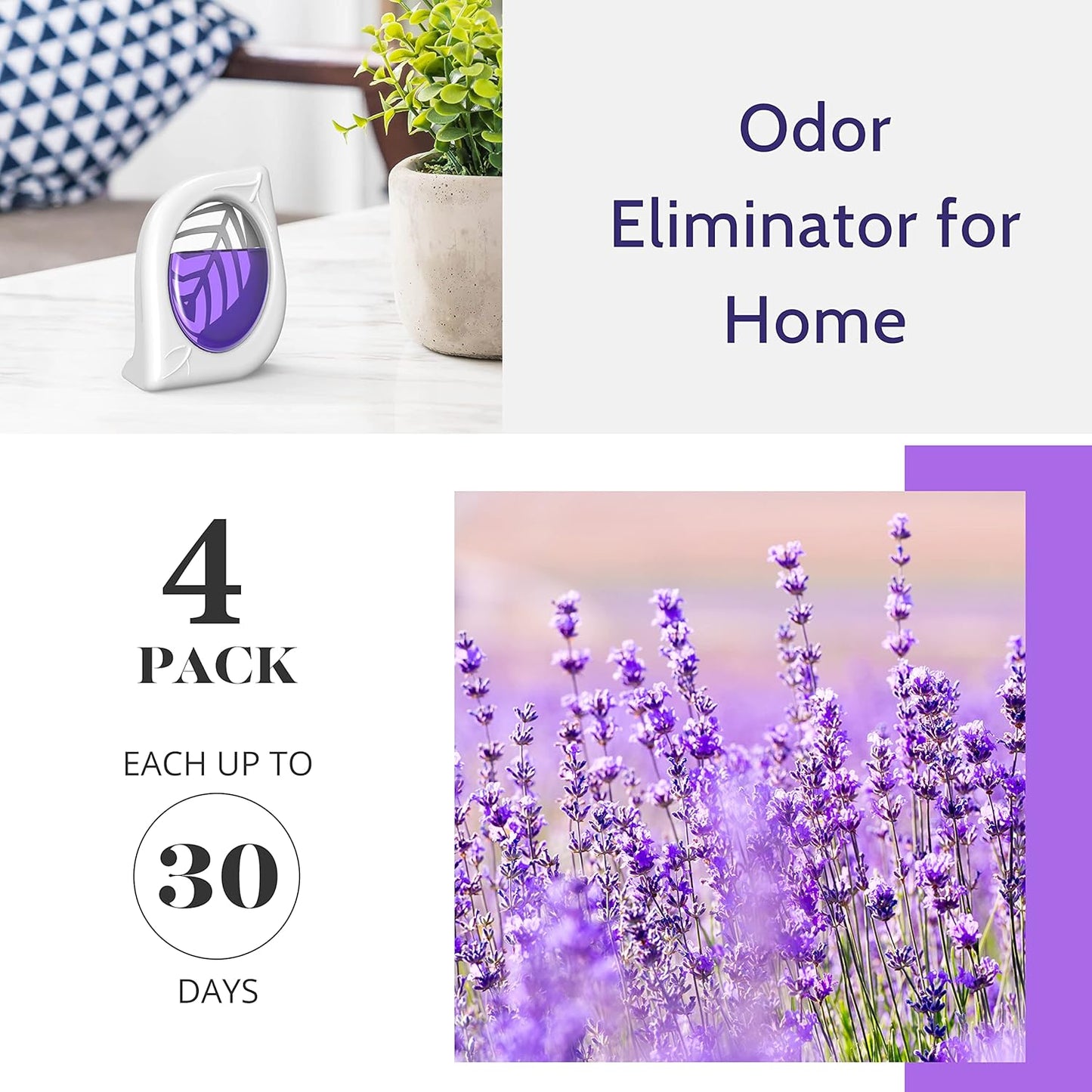 Air Freshener for Home, 4 Pack, Lavender, Odor Eliminator for Small Area Closets Bathroom Pets Strong Odor, Up to 120 Days