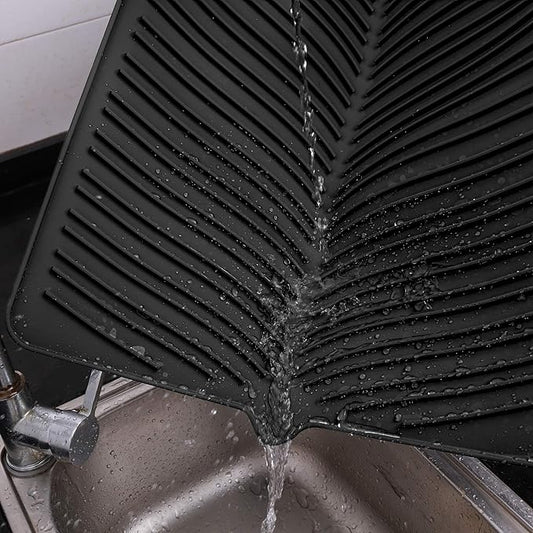 100% Waterproof BPA Free Silicone Dish Drying Mat - 24" x 18" x 0.3" Large Drainer Mat Protection Heat Resistant Trivet Counter Top Mat Sink Non Slip Dish Draining Mat Dish Washer (S, Black)