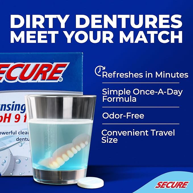 Secure Daily Cleansing Tablets - pH 9 Formula Thoroughly Cleans Dentures - Fights Odors, Stains & Germs - For Dentures, Nightguards, Retainers & Partials - 32 Tablets (2 Pack)
