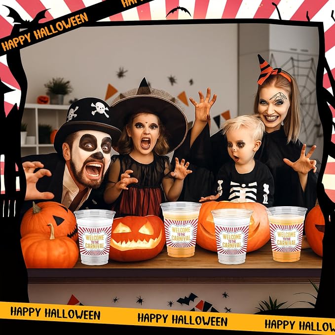 Bokon 100 Pcs Halloween Carnival Circus Party 12 oz Plastic Cups Disposable Cocktail Glasses Circus Theme Clear Disposable Cups for Welcome to Carnival Party Supplies for Coffee Juice Hot Cold Drinks