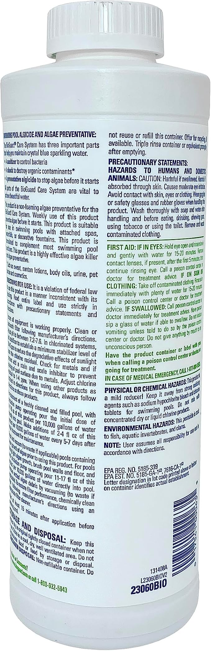 BioGuard Algae All 60 Non-Foaming Algae Preventative, 1 Quart, Single Pack | Non-Staining & Non-Foaming, Ideal for Swimming Pools with Attached Spas or Fountains