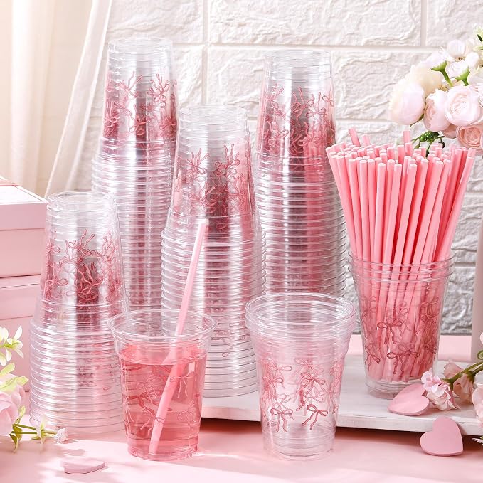 Qinyoung 100 Pcs 12 oz Pink Bow Plastic Cups with Paper Straws Pink Bowknot Cute Coquette Disposable Cups Bulk for Birthday Wedding Summer Bridal Engagement Just Wanna Be One Birthday Party Supplies